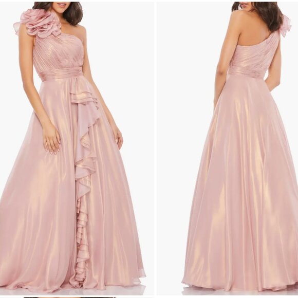 MAC DUGGAL 49252 ONE SHOULDER ROSETTE IRIDESCENT ROSE GOLD GOWN sz 12 - Picture 5 of 5